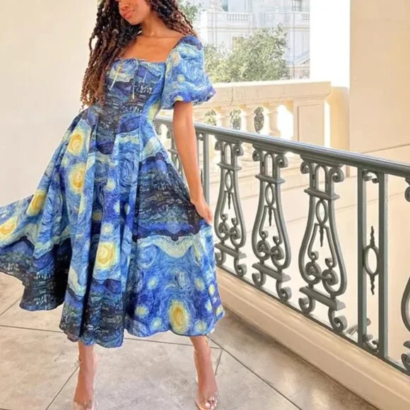 BEST Selkie The Starry Night Day Midi Dress Navy Van Gogh Masterpiece Medium - Picture 12 of 14